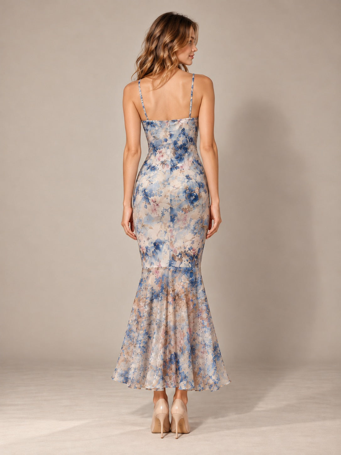 Blue Floral Mermaid Maxi Dress in Blue, back view