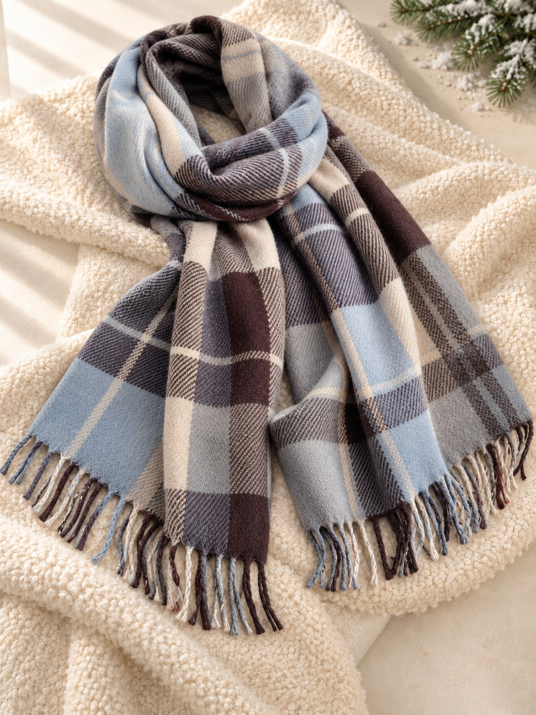 Fringed Plaid Scarf in Blue & Coffee Check, product only