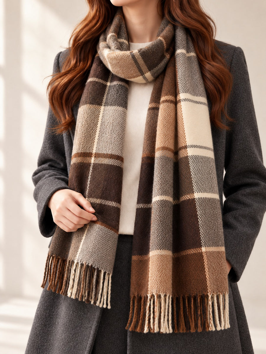 Fringed Plaid Scarf in Cream & Coffee Check, styled on model