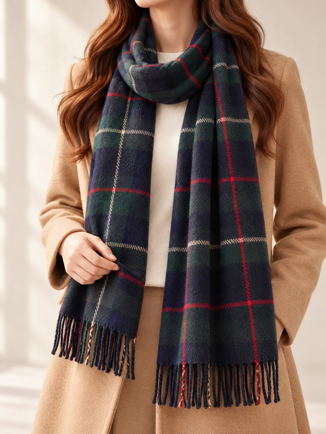 Fringed Plaid Scarf in Navy & Green Check, styled on model