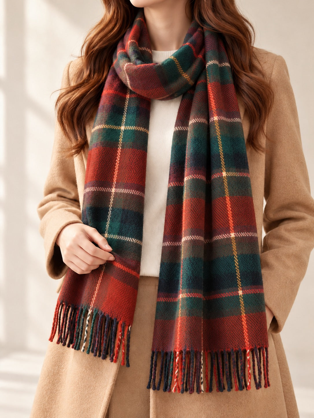 Fringed Plaid Scarf in Red & Green Check, styled on model