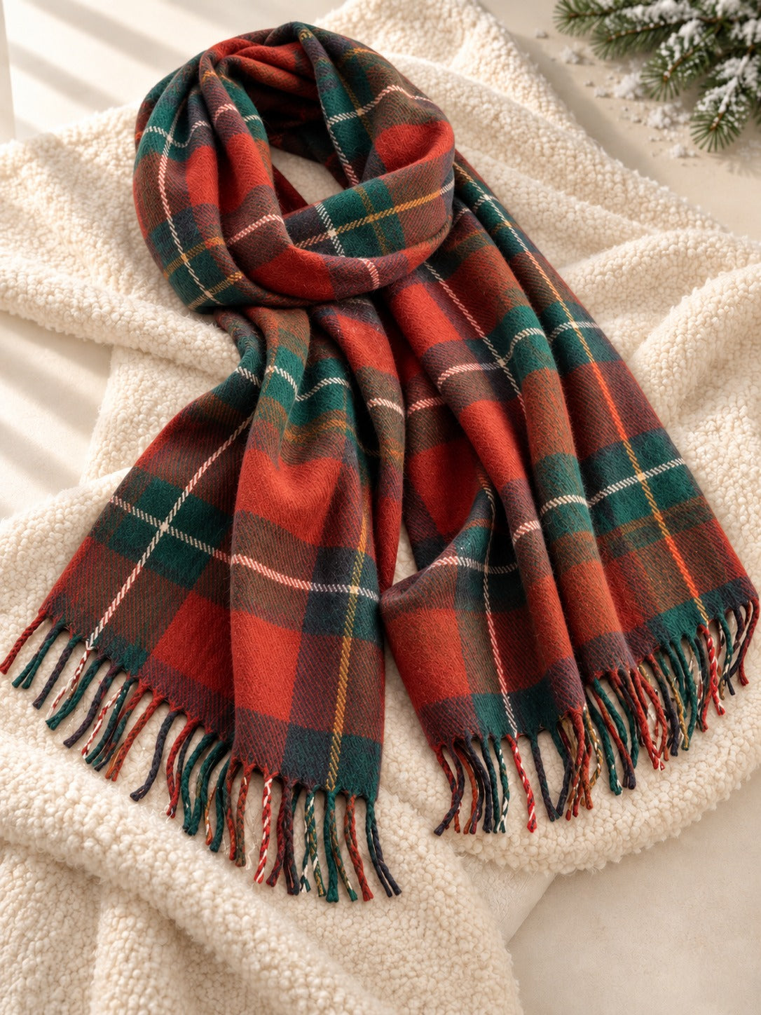 Fringed Plaid Scarf in Red & Green Check, product only
